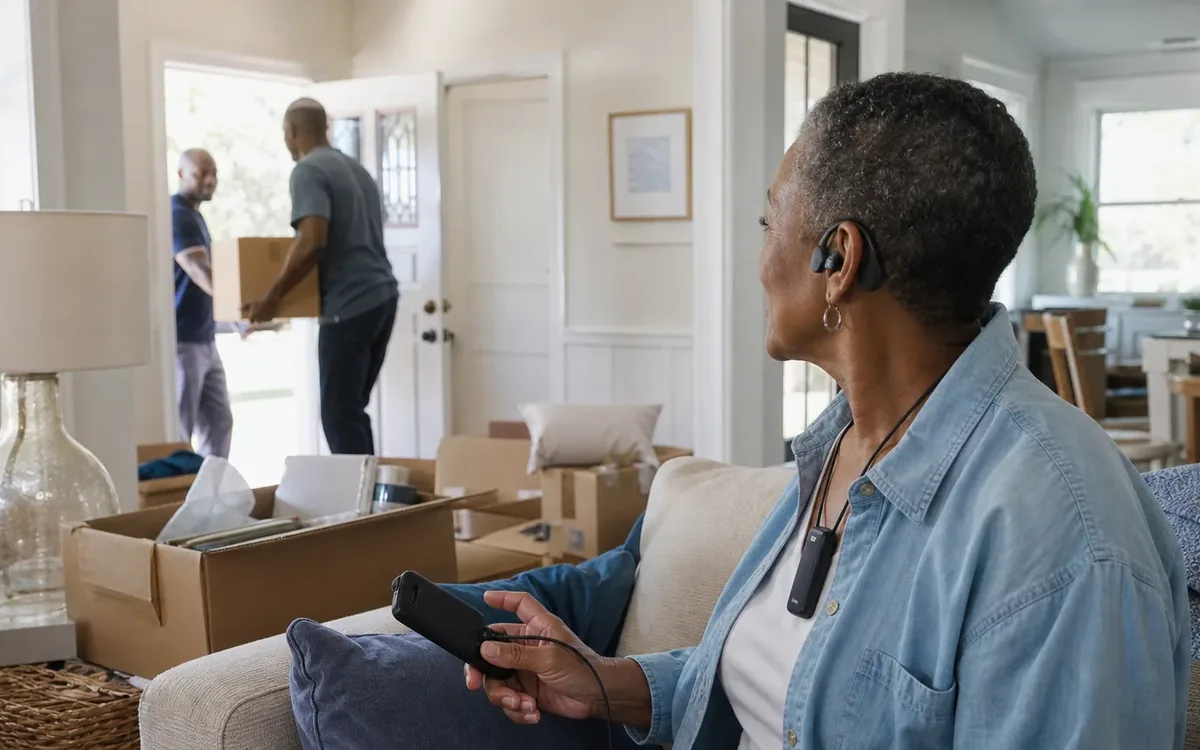 A woman wearing a hearing device holds a wired controller while movers carry boxes through the open front door.