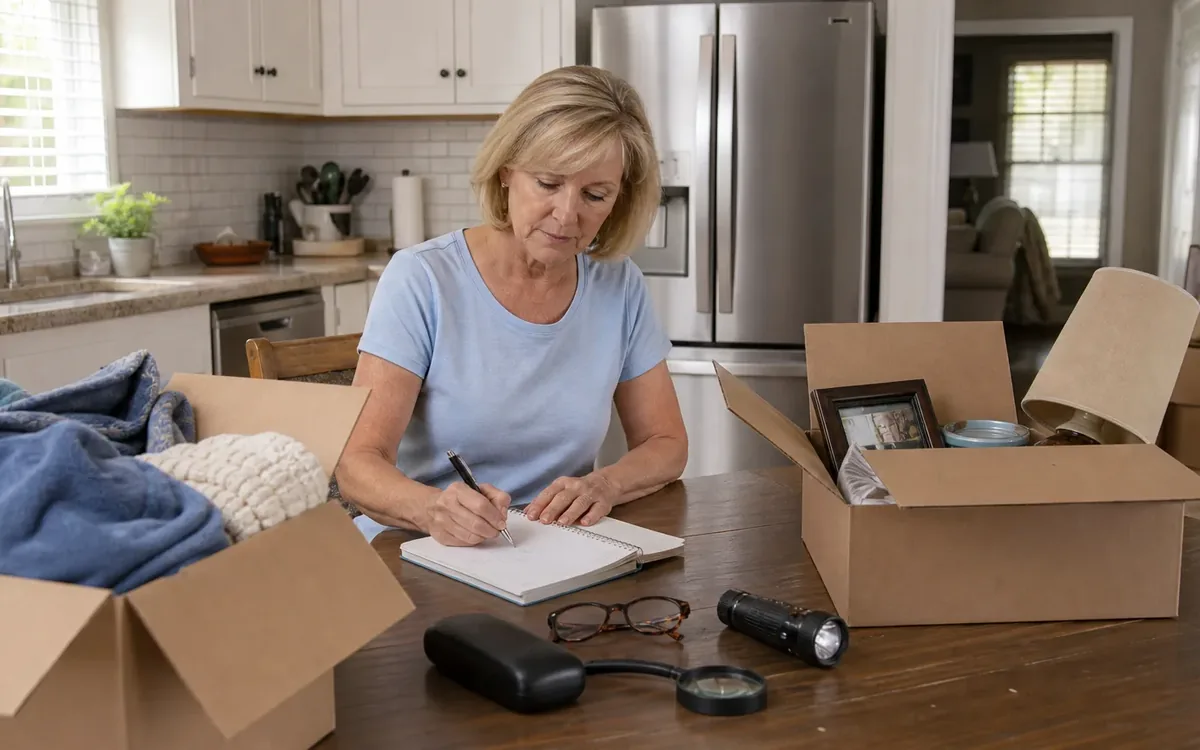 A woman writes in a notebook beside open moving boxes, eyeglasses, a flashlight, and a magnifying glass.