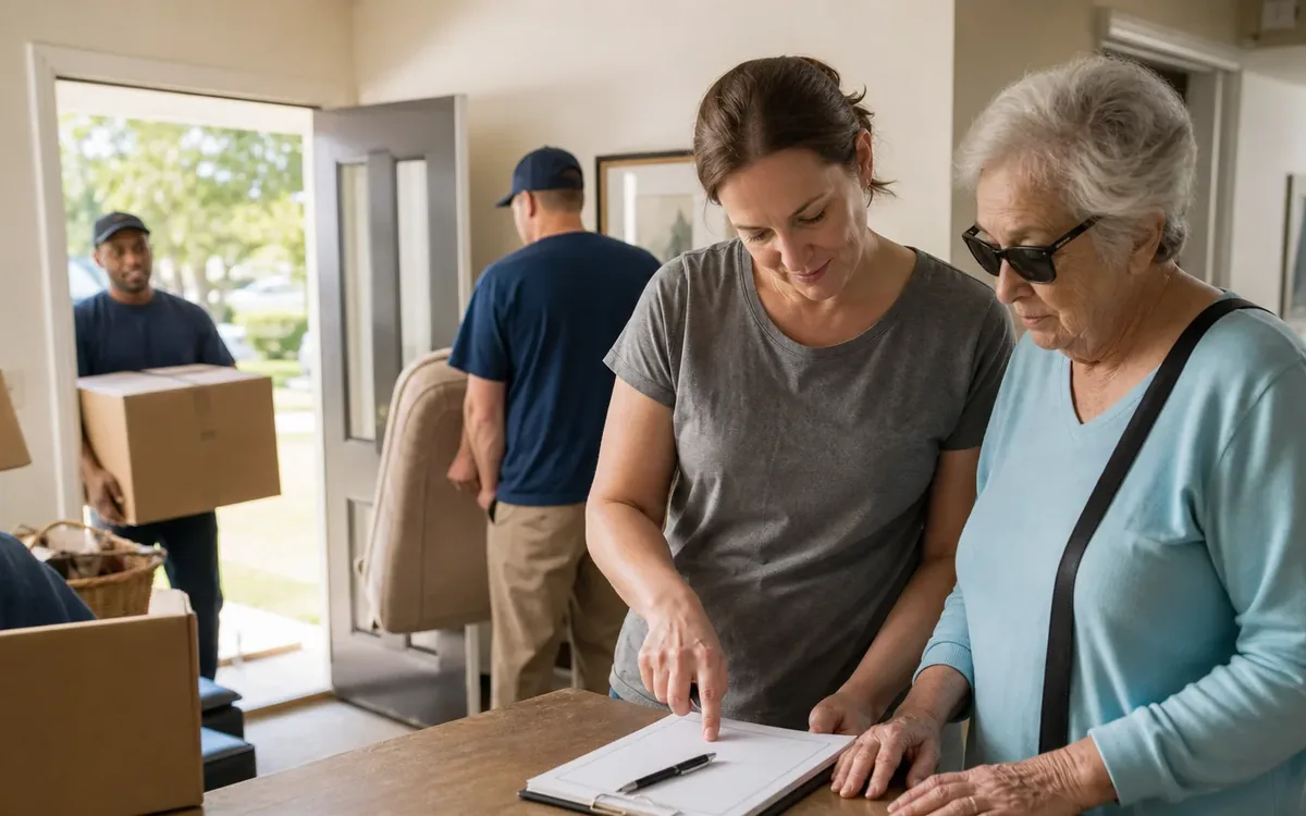 A woman reviews a moving checklist with an older woman wearing dark glasses as movers carry furniture and boxes.