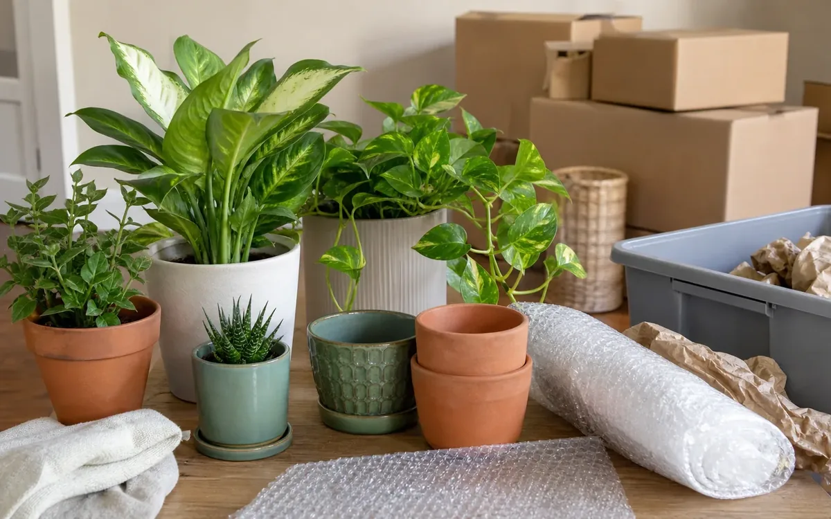 Potted houseplants sit apart from stacked moving boxes, packing paper, bubble wrap, and a gray storage bin.