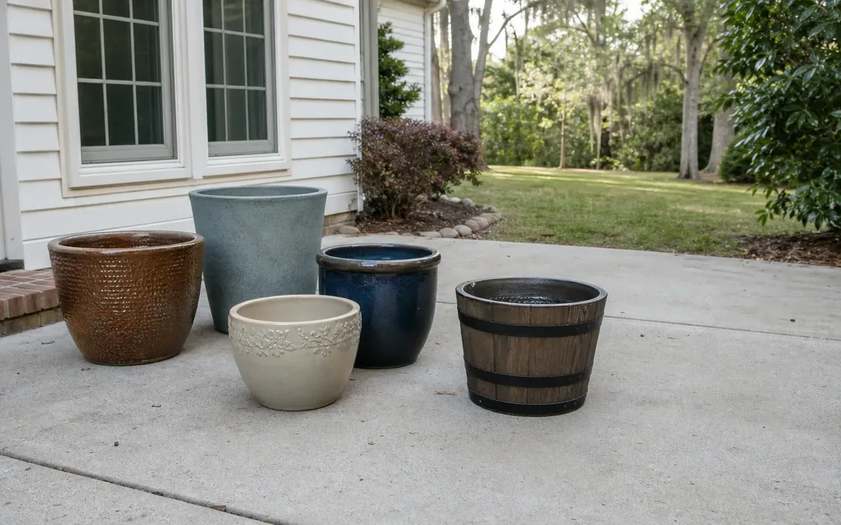 Five empty garden containers of varied sizes and materials arranged on a concrete driveway beside a house.