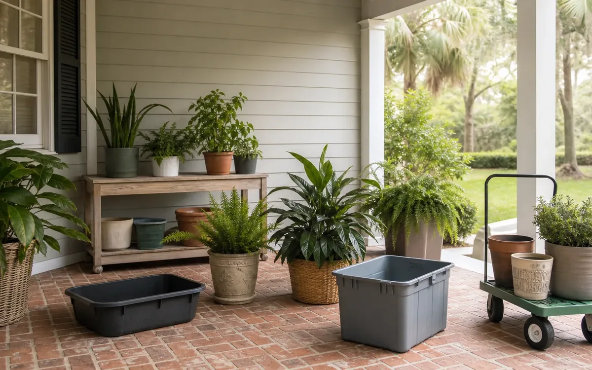 Potted houseplants, empty storage bins, and a garden cart arranged on a covered brick porch.