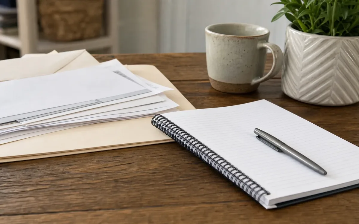 A blank lined spiral notebook and silver pen sit beside stacked papers and envelopes, a ceramic mug, and a potted plant on a wooden table.