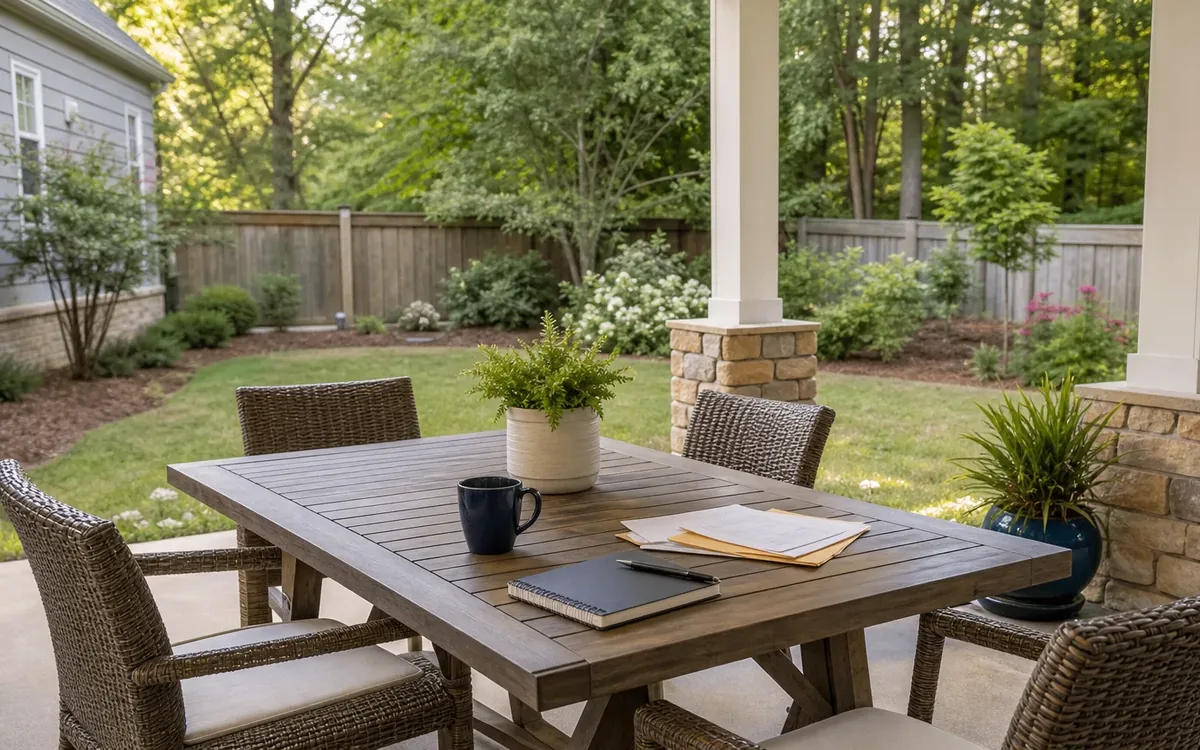 Papers, envelopes, a closed notebook, and a dark mug sit on a wooden patio table surrounded by wicker chairs.