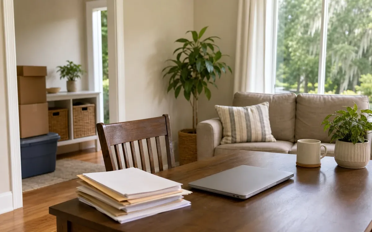 A wooden table holds a closed laptop, stacked papers, a mug, and a potted plant, with moving boxes visible in the adjoining room.