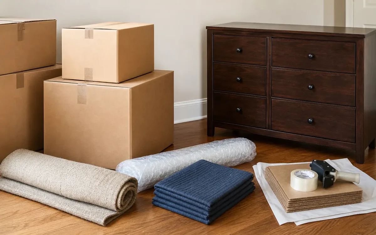 A wooden chest of drawers stands beside cardboard boxes, rolled protective covers and folded moving pads on a wood floor