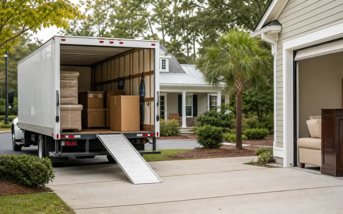 An open moving truck with a lowered ramp holds boxes and wrapped furniture beside a garage with an armchair and cabinet.