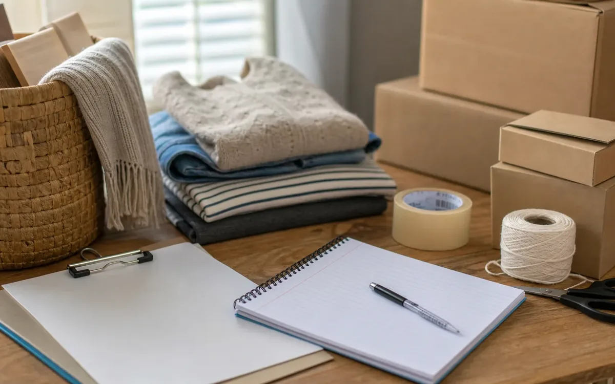Blank clipboard and notebook with a pen sit beside folded clothes, cardboard boxes, tape, twine, and scissors on a wooden table.