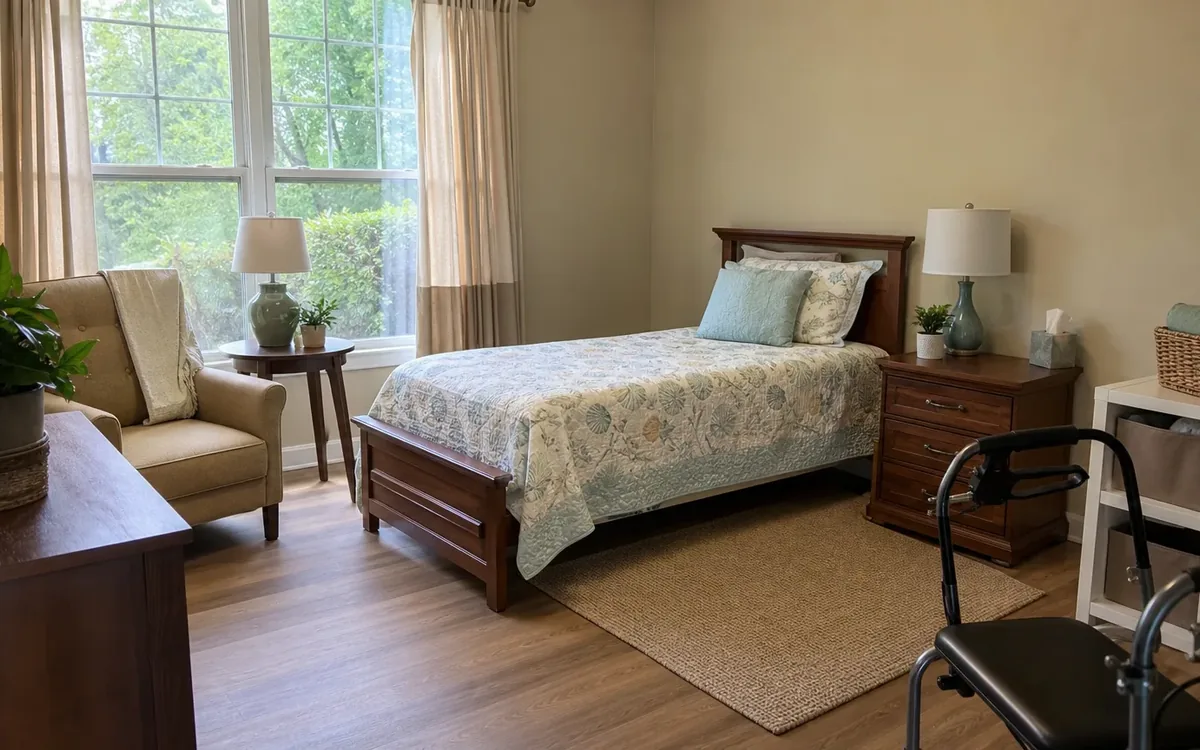 A bedroom with a single bed, bedside lamps, an upholstered armchair, storage shelves, and a walker in the foreground.