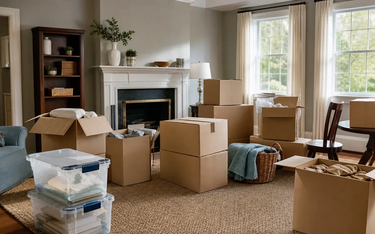 Cardboard moving boxes and clear storage bins fill a living room with a fireplace, armchair, wooden chairs, and large windows.