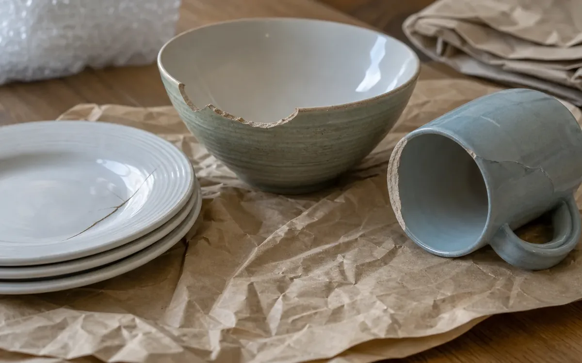 A chipped bowl, a chipped mug on its side, and stacked plates with a visible crack sit on brown packing paper.