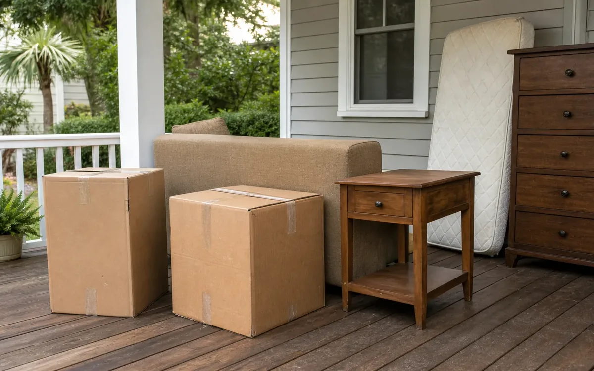 Two taped cardboard boxes, a beige sofa, a wooden side table, a dresser, and an upright mattress on a covered porch.