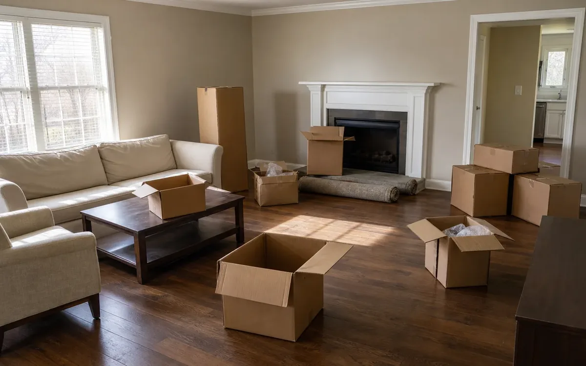 Open and closed moving boxes surround a coffee table, cream seating, and a rolled rug in a living room with a fireplace.