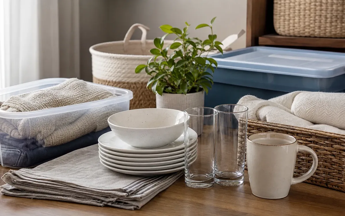 Folded towels, stacked dishes, drinking glasses and a mug sit beside storage bins, woven baskets and a potted plant.