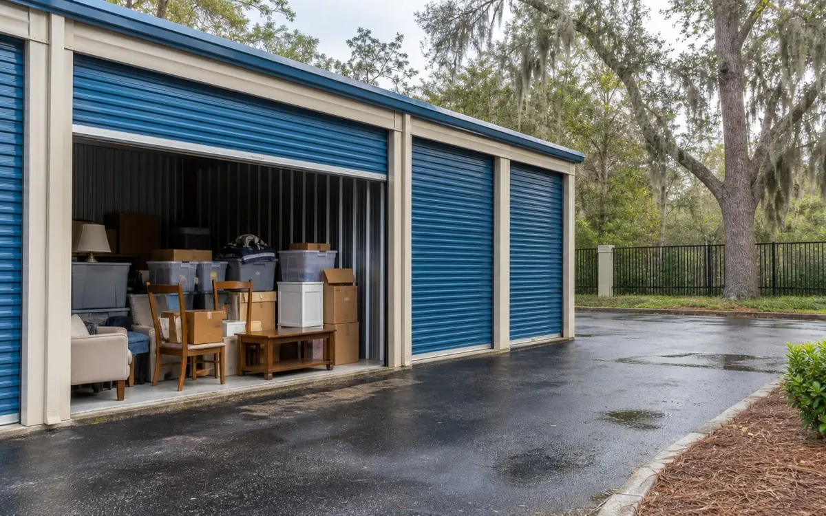 An open storage unit holds chairs, a table, boxes, plastic bins and a lamp beside closed blue roll-up doors and wet pavement.