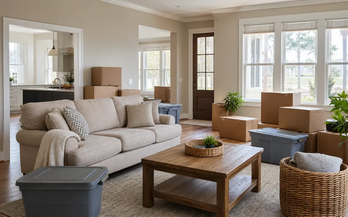 Cardboard moving boxes and gray storage bins surround a beige sofa and wooden coffee table in a bright living room.
