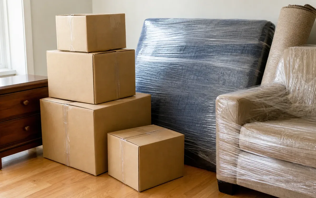 Four cardboard boxes beside a wooden chest, a plastic-wrapped mattress and armchair, and a rolled rug on a hardwood floor.