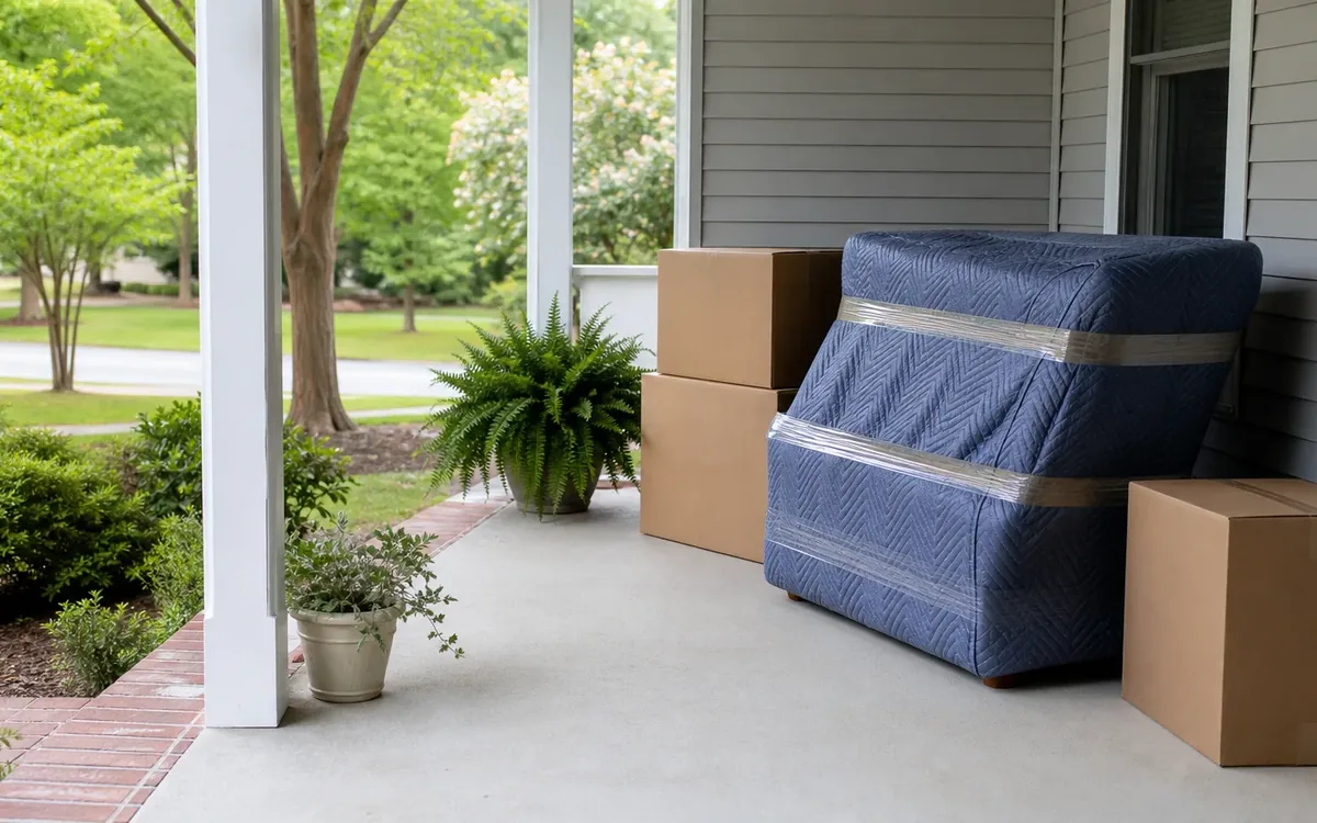 A furniture piece wrapped in a blue moving blanket sits beside plain cardboard boxes and potted plants on a covered porch.