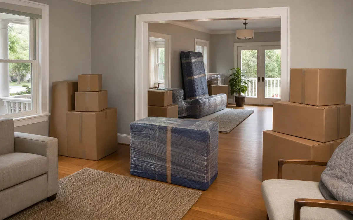 Stacked cardboard boxes and plastic-wrapped furniture sit on hardwood floors between upholstered chairs in a living room.