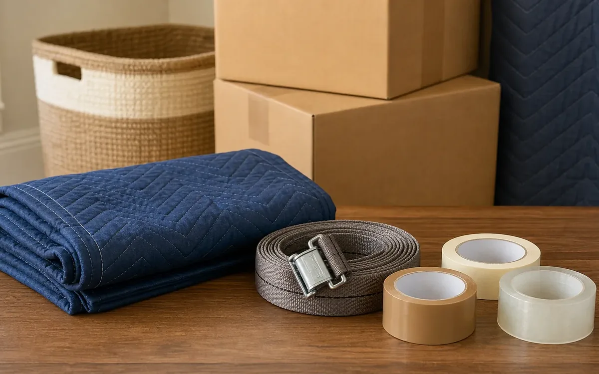 A folded blue moving blanket, coiled securing strap, and three rolls of packing tape sit on a wooden table beside cardboard boxes.