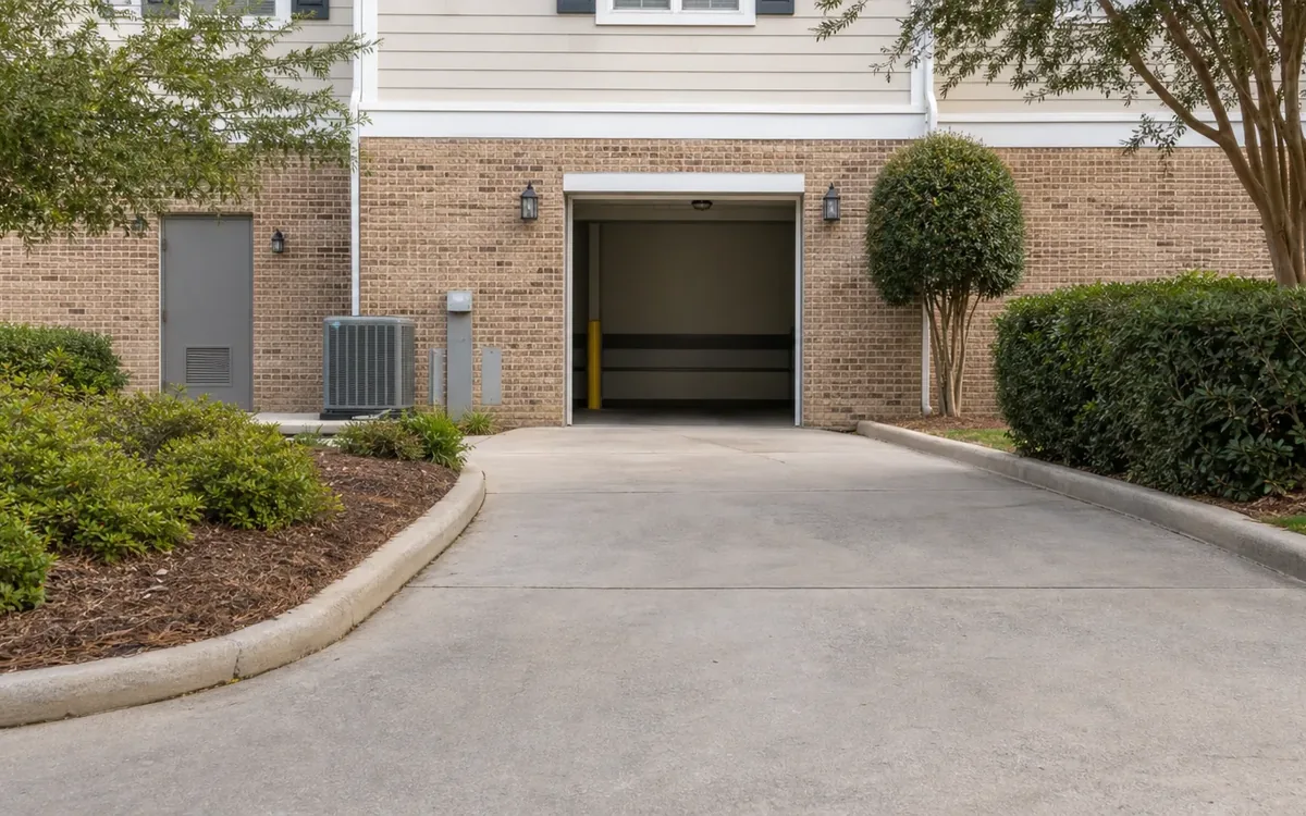 A clear concrete driveway leads to an open garage entrance in a brick building, bordered by shrubs and trees.