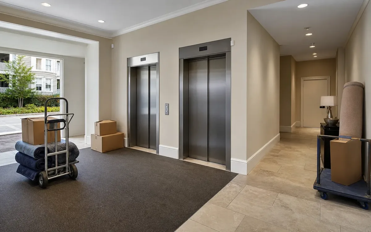 Two closed elevators in a lobby with stacked moving boxes, a hand truck carrying padded blankets, and a loaded rolling cart.