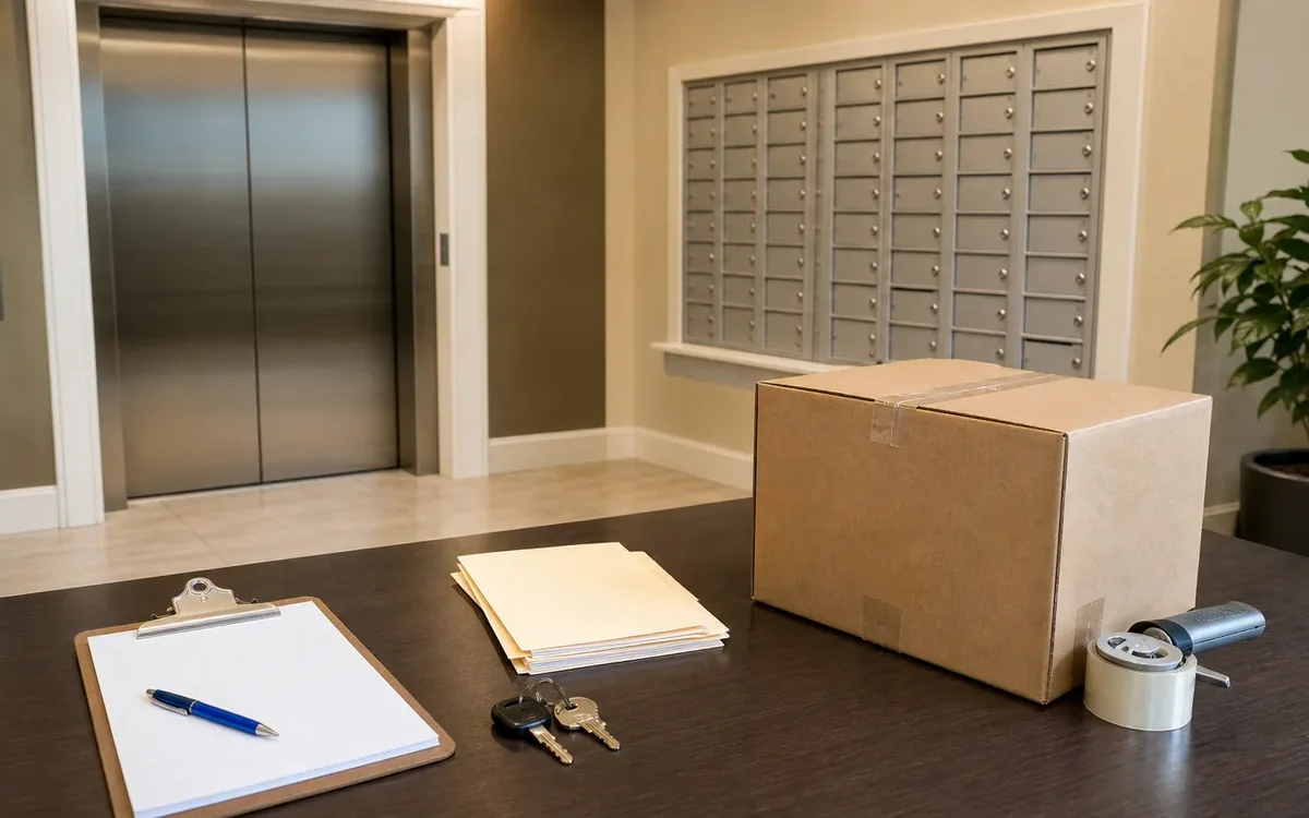 Clipboard, pen, keys, folders, moving box and packing tape on a table beside a closed elevator and wall-mounted mailboxes.