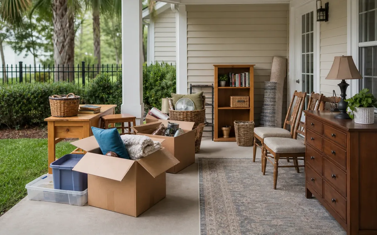 Open cardboard boxes, storage bins, baskets, and assorted furniture grouped on a covered porch beside a lawn.