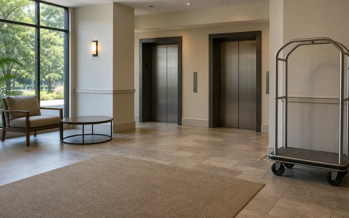 Two closed elevator doors in a bright lobby with a wheeled luggage cart, armchair, round table, and large windows.