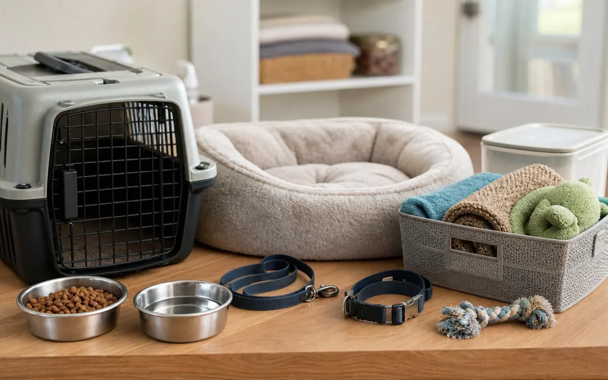 Pet carrier, cushioned bed, food and water bowls, collars, rope toy, and a basket of towels arranged on a wooden floor.