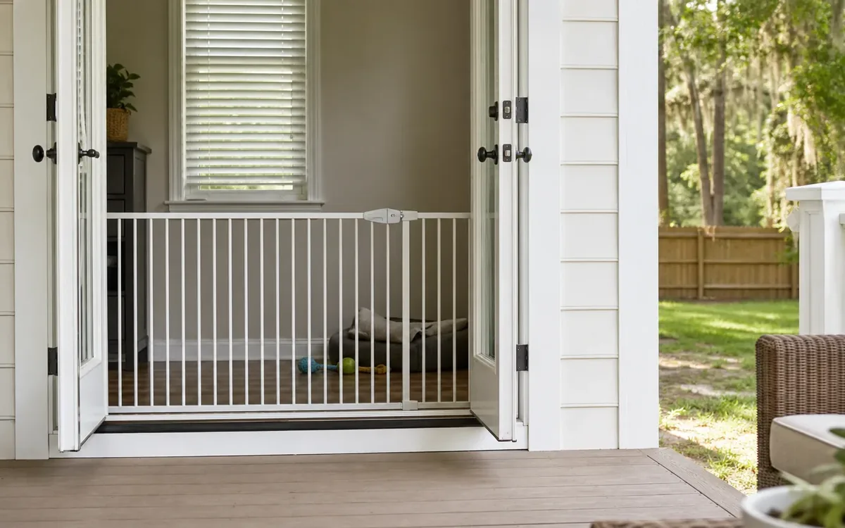 A white pet gate spans an open double doorway, with a pet bed and toys inside and a porch and fenced yard outside.