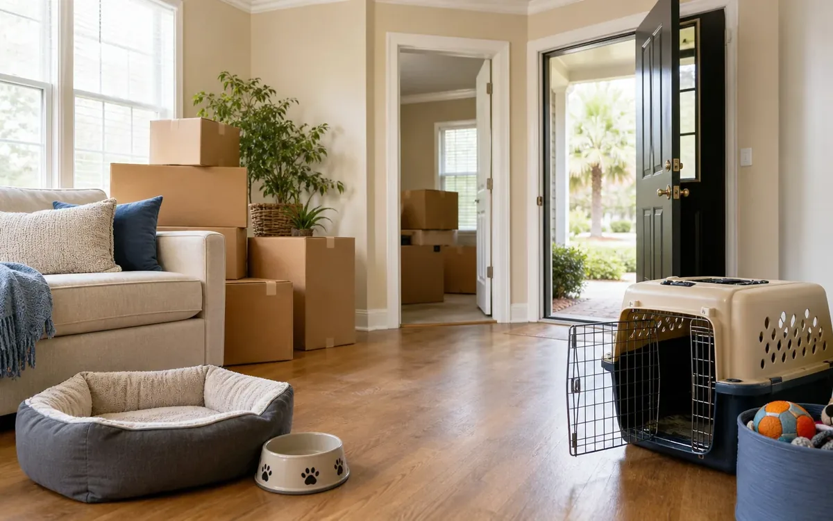 A pet bed, food bowl, open carrier, and basket of toys sit near moving boxes in a living room with an open front door.