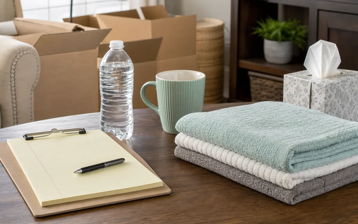 A clipboard and pen, water bottle, mug, tissue box, and folded blankets sit on a wooden table near open moving boxes.
