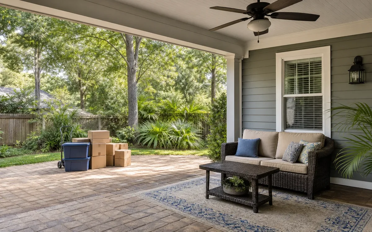 Covered patio with a ceiling fan, cushioned loveseat, coffee table, and moving boxes beside a shaded green yard.
