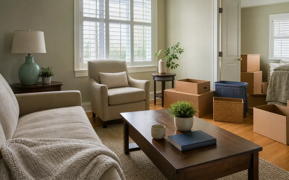 A sofa and armchair form a quiet seating area beside a coffee table with a mug, book, and plant, near moving boxes.