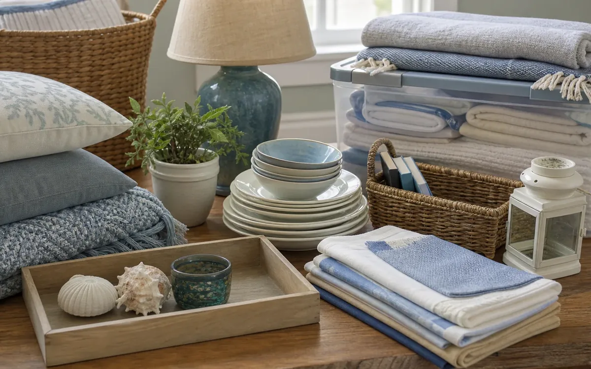 Neatly sorted beach house linens, dishes, decor, baskets, and storage bins arranged on a table.