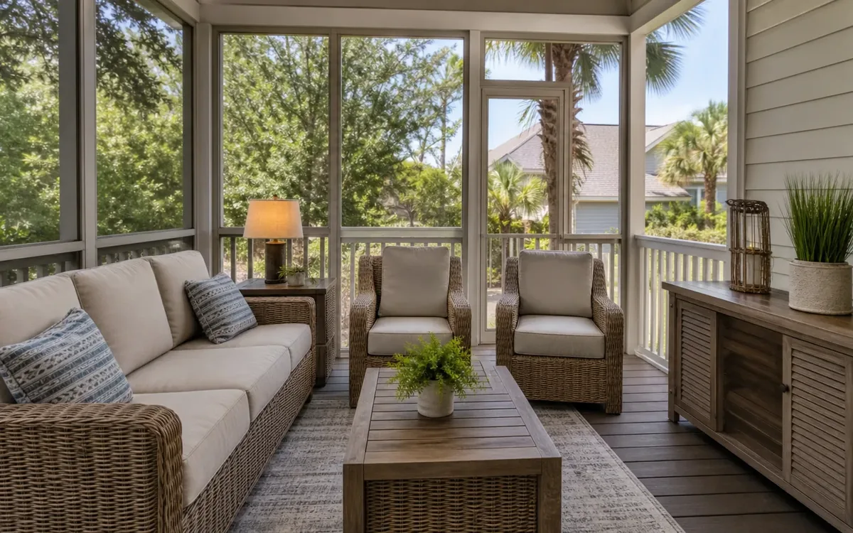 Furnished screened porch with wicker sofa, two chairs, coffee table, lamp, rug, and wooden sideboard.