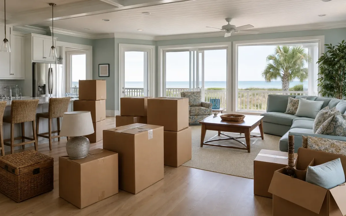 Packed cardboard boxes fill a furnished beach house living room with ocean views through large windows.