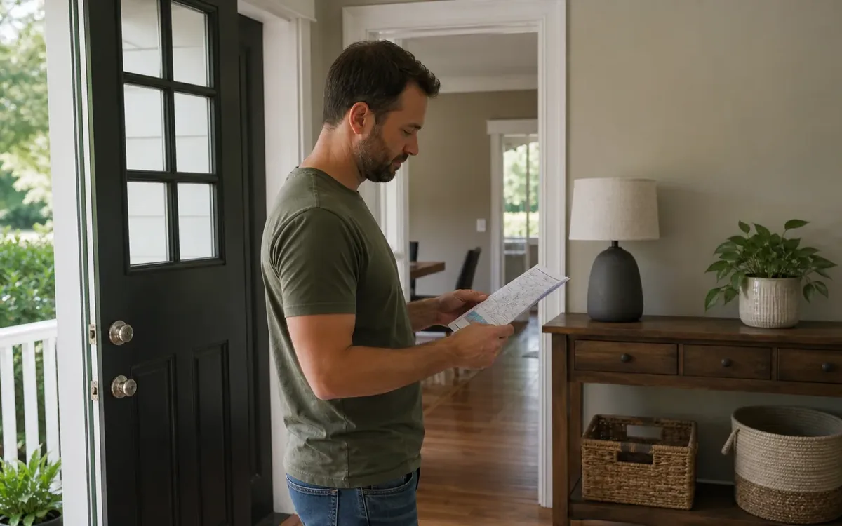 Man standing by an open front door and reviewing a folded paper map before a household move.