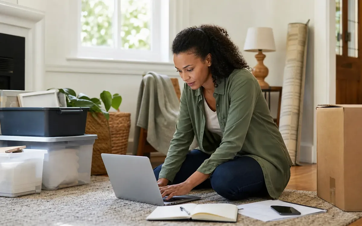 Woman planning a household move on a laptop beside storage bins, a cardboard box, notebook, papers, and phone.