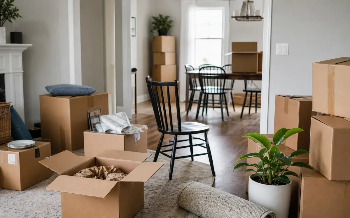 Cardboard moving boxes, chairs, packing paper, a rolled rug, and houseplants fill a bright living and dining area.