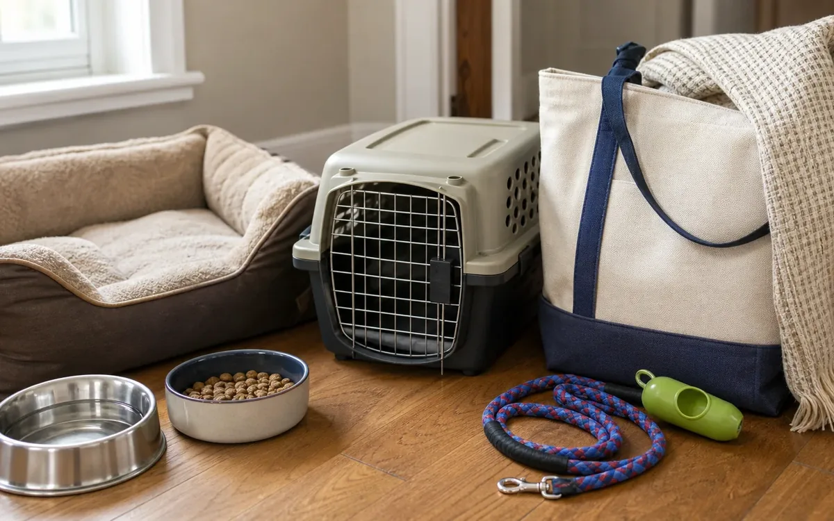 Pet carrier, travel bag, bed, food and water bowls, leash, and waste bag dispenser arranged on a wood floor.