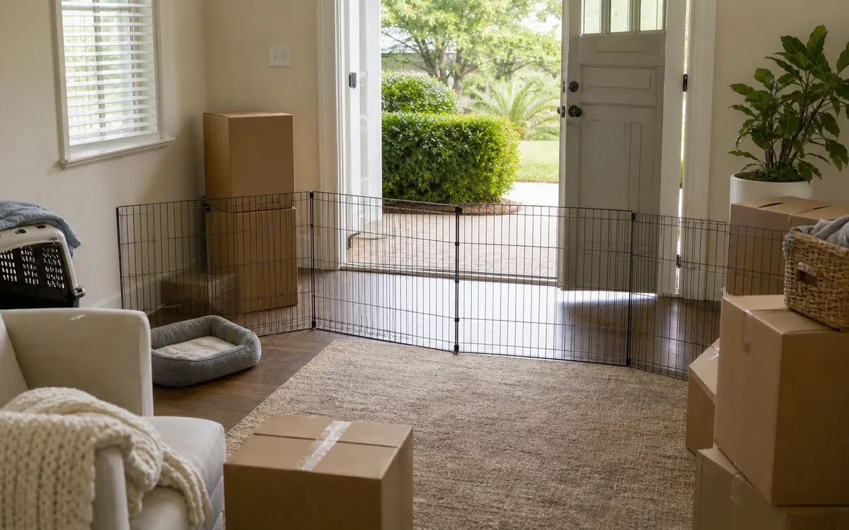 A wire pet gate blocks the open front door amid moving boxes, a pet carrier, and a dog bed in the living room.