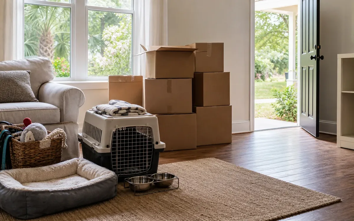 Pet carrier, bed, bowls, leash, toys, and moving boxes sit near an open front door in a bright living room.