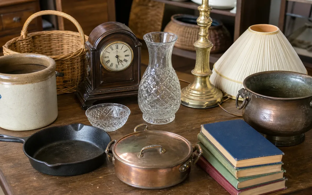 Table of bulky estate auction goods including cookware, a lamp, clock, glassware, basket, crock, and books.