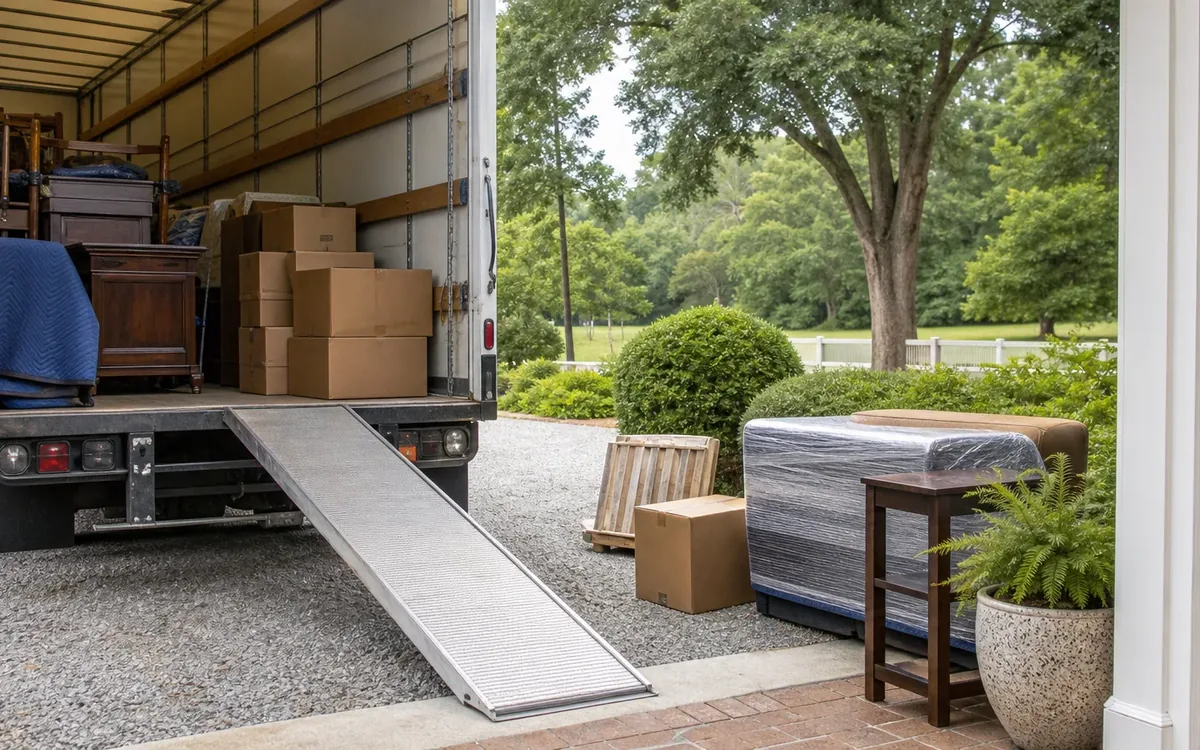 Moving truck with a loading ramp, packed boxes, wrapped furniture, and a small table outside a home.