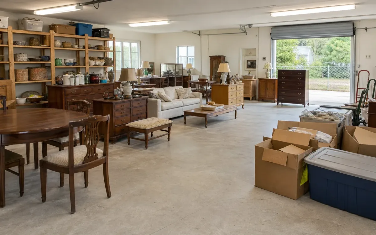 Estate auction furniture and household goods fill a warehouse beside open boxes and a storage tote for pickup or shipping.