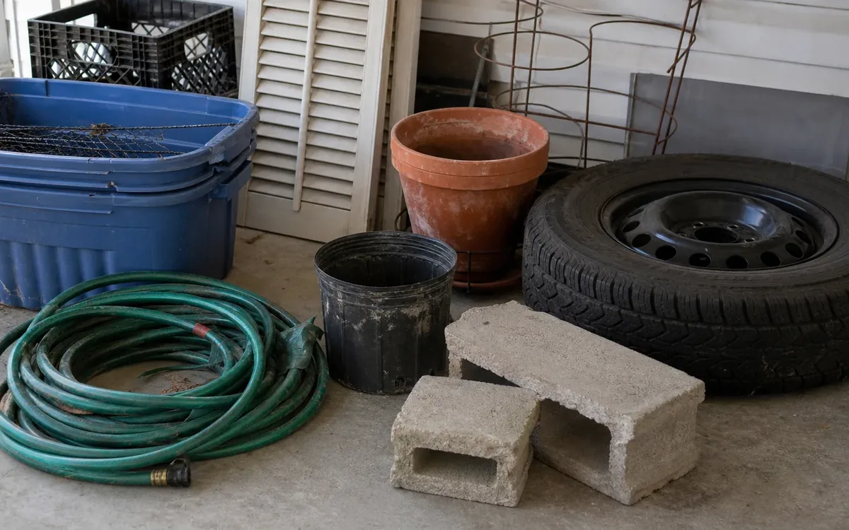 Outdoor storage items include bins, coiled hoses, plant pots, cinder blocks, a tire, crate, and metal racks.