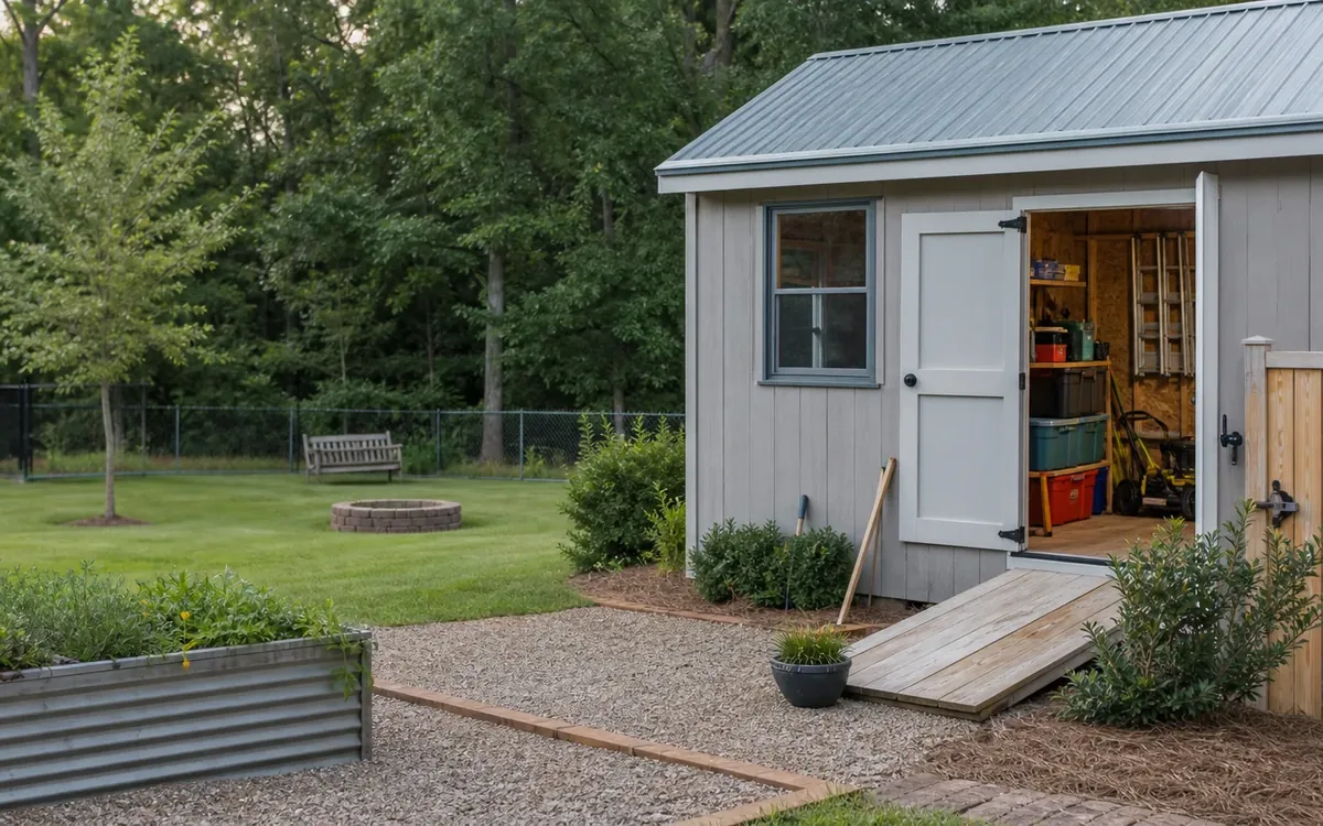 Open backyard shed with tools and storage bins beside a gravel path, garden bed, lawn, and wooden gate.