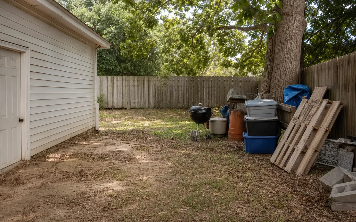 Bins, pallets, cinder blocks, a grill, and other outdoor items stored beside a shed and wooden fence.